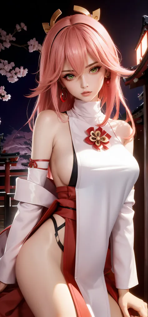 (Masterpiece, Excellent, 1girl, solo, complex details, color difference), realism, ((medium breath)), off-the-shoulders, big breasts, sexy, Yae Miko, long pink hair, red headdress, red highlight, hair above one eye, green eyes, earrings, sharp eyes, perfec...