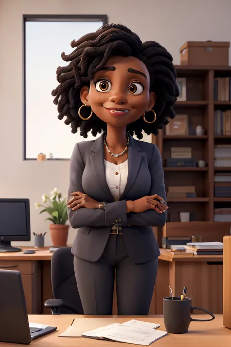 masterpiece, best quality ,Portrait of mid adult successful black mature woman looking at camera with arms crossed. Smiling african american business woman standing in new office .Portrait of mature woman.