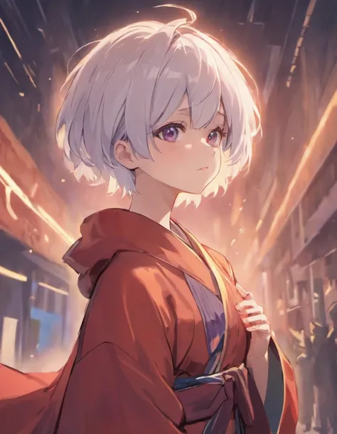 Short-haired teenager Masata, cute, wearing a robe, white hair