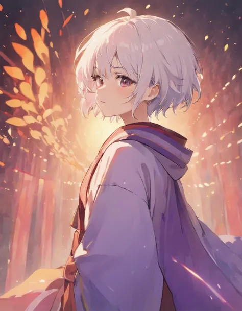 Short-haired teenager Masata, cute, wearing a robe, white hair