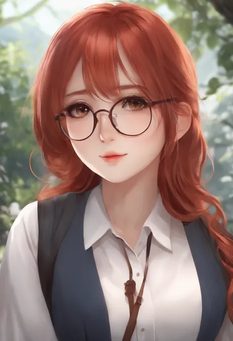 Anime girl with red hair and glasses in a white shirt, a character portrait inspired by Hisui Sugiura, pixiv, shin hanga, very detailed character, anime moe art style, render of april, sayori, made with anime painter studio, Stylized anime, anime stylized,...