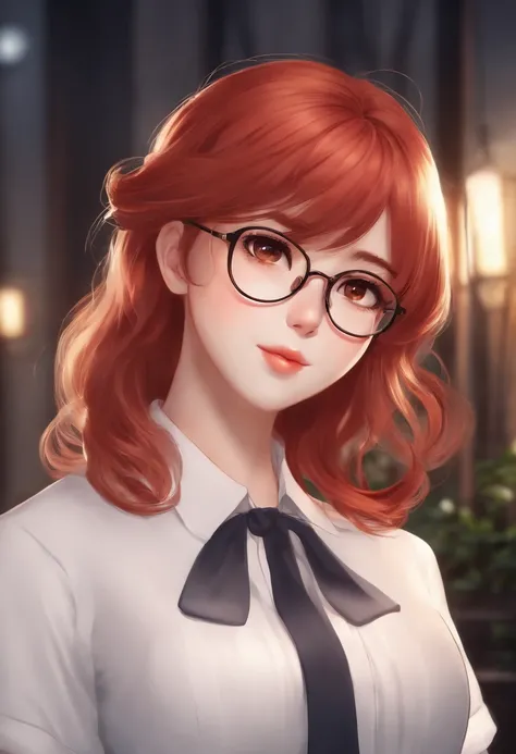 Anime girl with red hair and glasses in a white shirt, a character portrait inspired by Hisui Sugiura, pixiv, shin hanga, very detailed character, anime moe art style, render of april, sayori, made with anime painter studio, Stylized anime, anime stylized,...