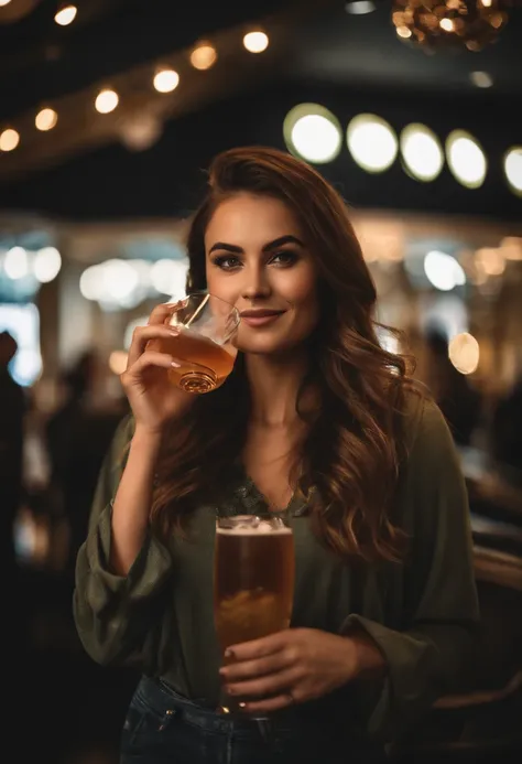 (Mikayla Demaiter) person posing in a club with a drink in hand, best quality, 1girl, blur background, bokeh, (mall:1.4), ((wearing casual clothe s)), gorgeous,, beautiful detailed sky, (dynamic pose:1), soft lighting, wind, ((portrait:1.4)), 2023-2024