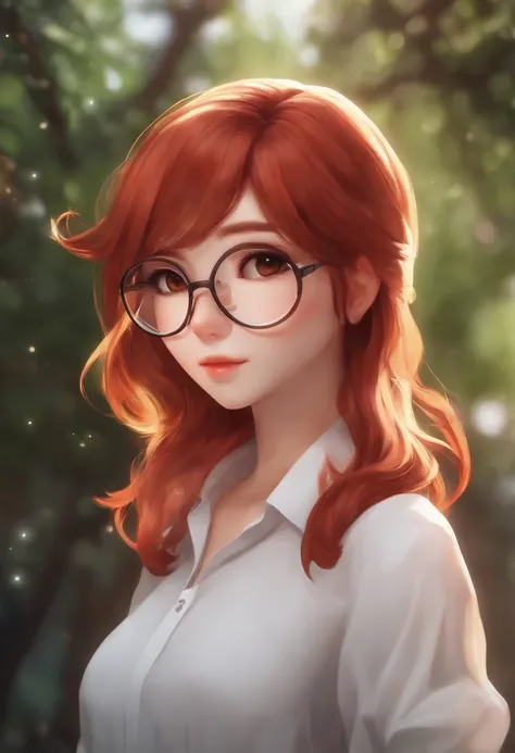 Anime girl with red hair and glasses in a white shirt, very detailed character, anime moe art style, render of april, sayori, made with anime painter studio, Stylized anime, anime stylized, , Smooth Anime, realistic anime 3 d style, clean detailed anime st...