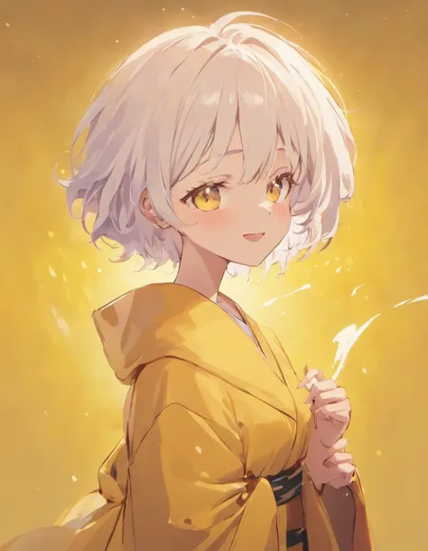 Short haired teenager Masata, cute and cute in a robe, white hair, yellow background, smiling, eyes closed