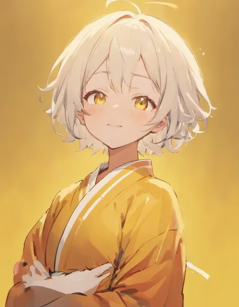 Short haired teenager Masata, cute and cute in a robe, white hair, yellow background, smiling, eyes closed