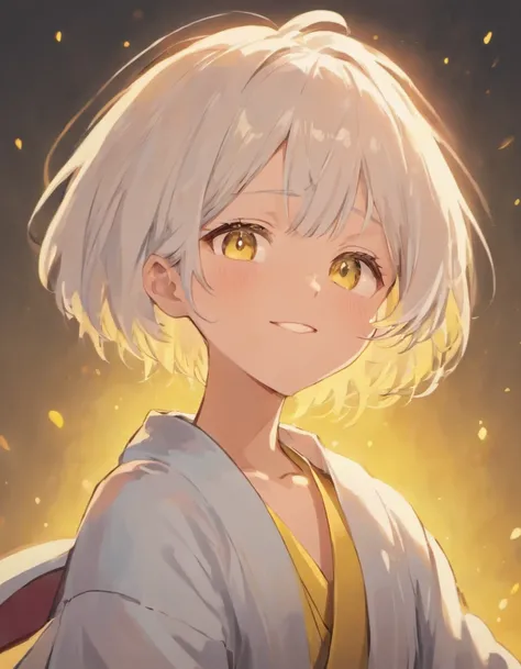 Short haired teenager Masata, cute and cute in a robe, white hair, yellow background, smiling, eyes closed