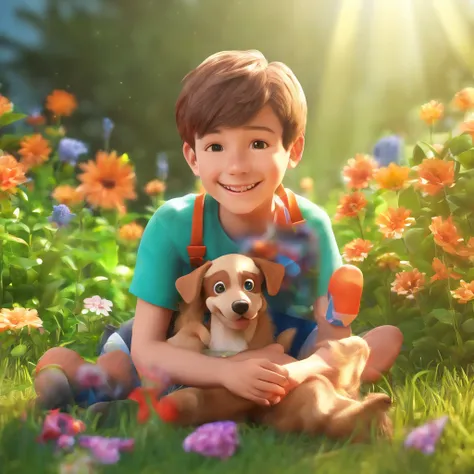 lucas,smiling,5-year-old boy,human,boy,with,his,faithful,friends,bolt,schnauzer dog,laying in,the garden,illustration,highres,ultra-detailed,realistic:1.37,vivid colors,nature,serene atmosphere,warm sunlight,green grass,beautiful flowers,gentle breeze,frie...