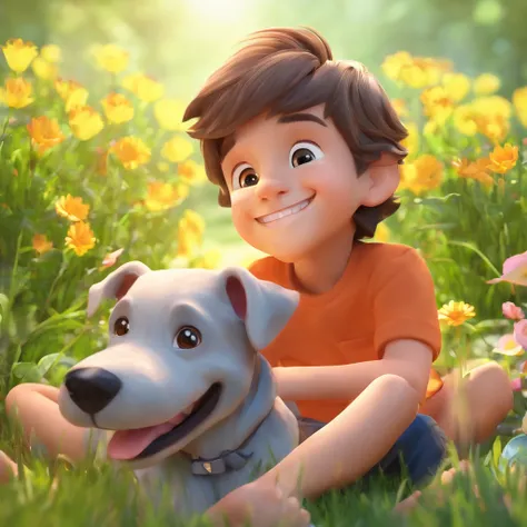 lucas,smiling,5-year-old boy,human,boy,with,his,faithful,friends,bolt,schnauzer dog,laying in,the garden,illustration,highres,ultra-detailed,realistic:1.37,vivid colors,nature,serene atmosphere,warm sunlight,green grass,beautiful flowers,gentle breeze,frie...