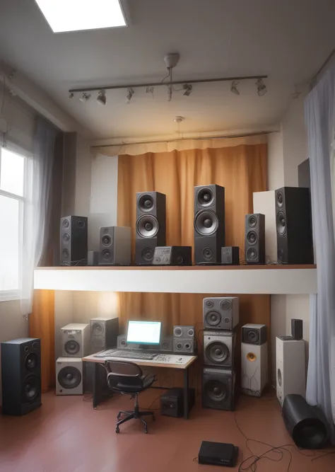 Music recording studio, with rooms with a ceiling height of 12 meters.  Monitores genelec e monitores hs10. Sala com Luz bem baixa e sem janelas