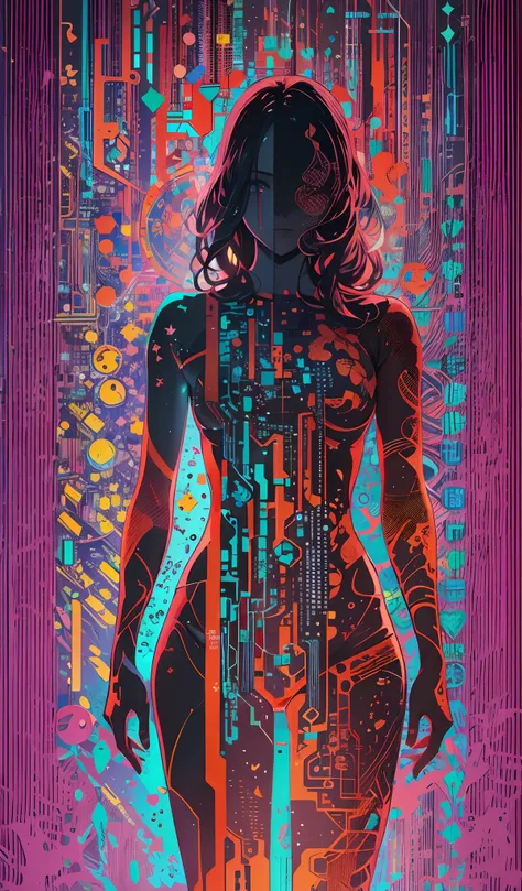 high quality, 8K Ultra HD, Imagine a vibrant canvas illuminated by a cascade of colorful binary code, forming the silhouette of a captivating woman, The dynamic lines and patterns, reminiscent of a digital dance, weave together to create a harmonious fusio...