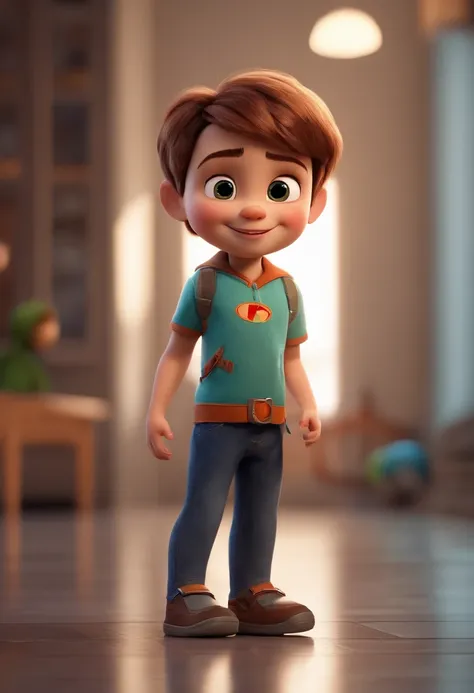 a happy cute kid standing short hair, vestindo uma fantasia espacial, , fundo branco, barnet, Tom, Estilo Pixar, ....3d, desenhos animados, rosto detalhado, asymmetrical 16k