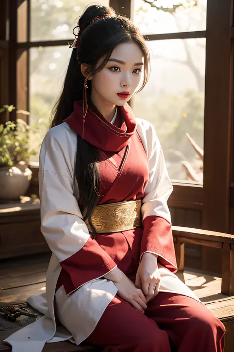 ((Very high quality picture, HD +8K)), ((Chinese style, long white hair tied in a ponytail, gorgeous brocade guard: 1.2, red scarf with the wind, young woman: 2.5, facial details: 1.5, fire: 1:1, ice: 1:1)), expression painting, delicate and beautiful woma...