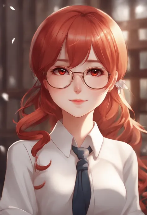 Anime girl with red hair and glasses in a white shirt, pixiv, shin hanga, very detailed character, anime moe art style, render of april, sayori, made with anime painter studio, Stylized anime, anime stylized, anime styled, Smooth Anime CG Art, clean detail...