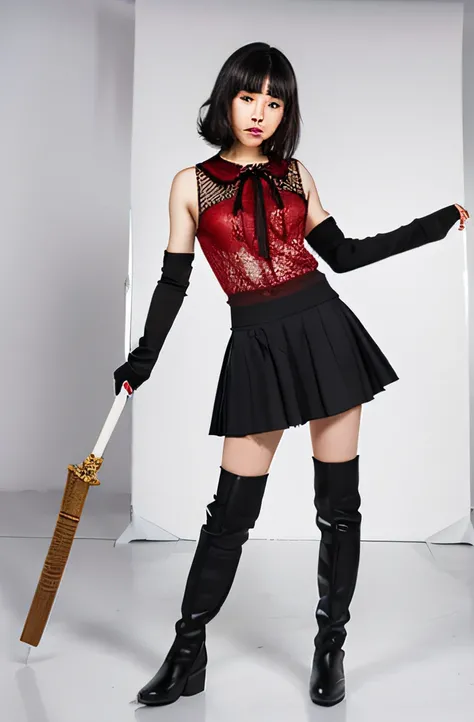 White background in studio. A villain played by a Japanese teenage actress (wavy bob, black hair), wearing a villain costume (red sheer skirt, boots), standing, holding a whip.