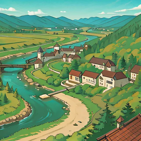 Large medieval town, taiga forest, river valley, overhead view