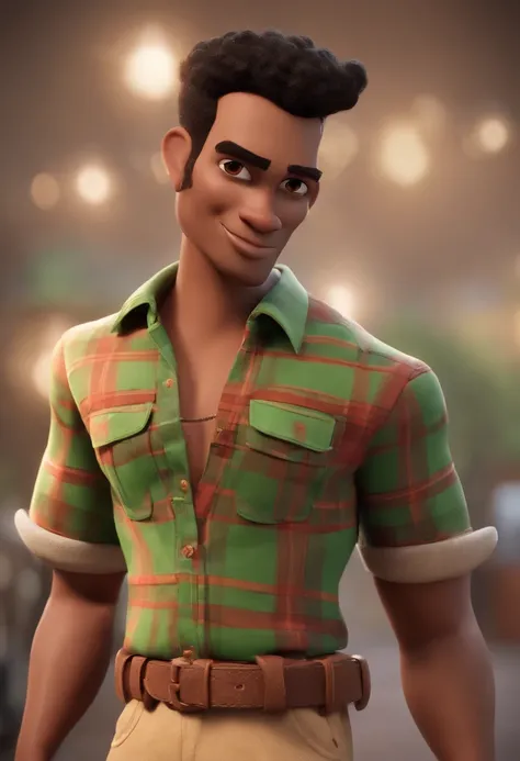 personagem dos desenhos animados de um homem de cabelos castanhos cacheados estilo moicano, olhos verdes, barba, tattoos on his arms and a red plaid shirt, animation character, Caractere estilizado, animation style rendering, 3D estilizado, Arnold Maya ren...