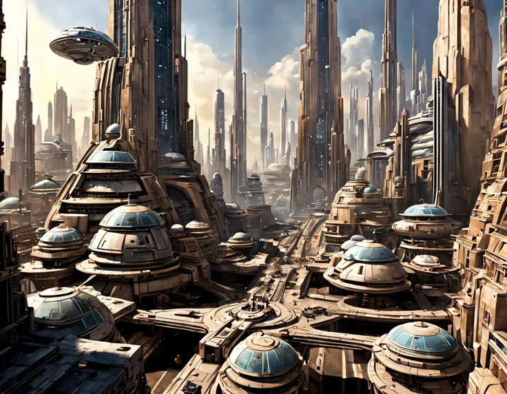 ((The city of Coruscant from Star Wars as designed by Doug Chiang)), futuristic fantasy city with immense buildings of technological design (que forman una avenida infinita), edificios compactor no difuminados, con estructuras acristaladas espectaculares, ...