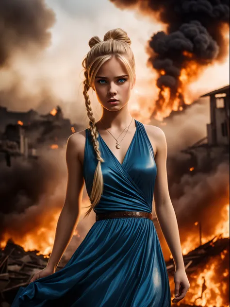 masterpiece, best quality, Bubbles, blue dress, blonde pigtails, pretty face, insanely detailed eyes, intense look, fighting pose, destroyed city, distant fires, rising smoke,