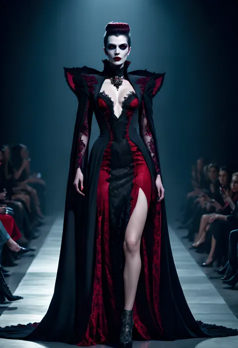 hyperrealistic and heavy detailed modern ((runway show)) of a sexy vampire lord, wearing long dress crazy fashion alternate costume, detailed face, real, atmospheric, sharp, 8k, high textured, maximalist, atmospheric, raytracing, real life, ((colorful))