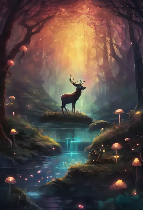 （Enchanted Forest 7，Magical creatures，（Glowing mushrooms），Sparkling waterfalls，Fantasy，Leonora Carrington，Forest of Illusions，Hazy perspective，The tree々Sunlight coming in from between，（Shining sika deer），Rich in color，assignment，光影效果，K HD，tmasterpiece，Deta...