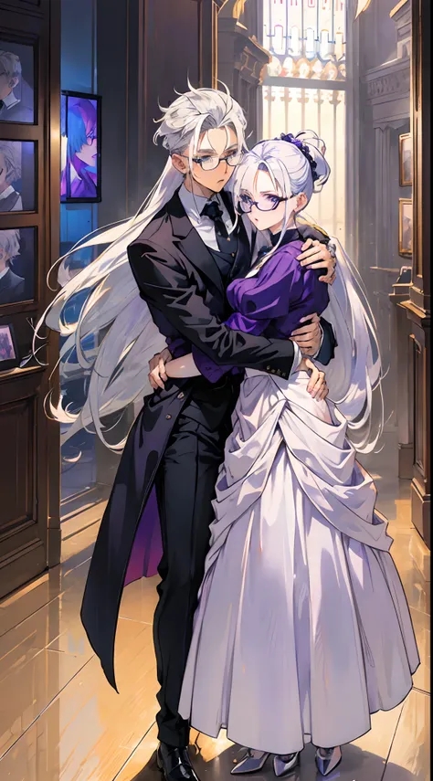 Male, white hair, 185 height, undercut hairstyle. Wear glasses Suit, blue eyes, woman, golden hair, 155 tall. Wear glasses Long hair, purple eyes. Put on a dress. Stand hugging each other.