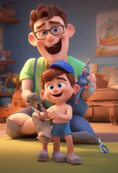 Estilo Pixar: The grown man is holding a naked blue-eyed boy and in his other hand he is holding a pair of scissors and is trying to cut off the boys testicles,3D Poster,Disney