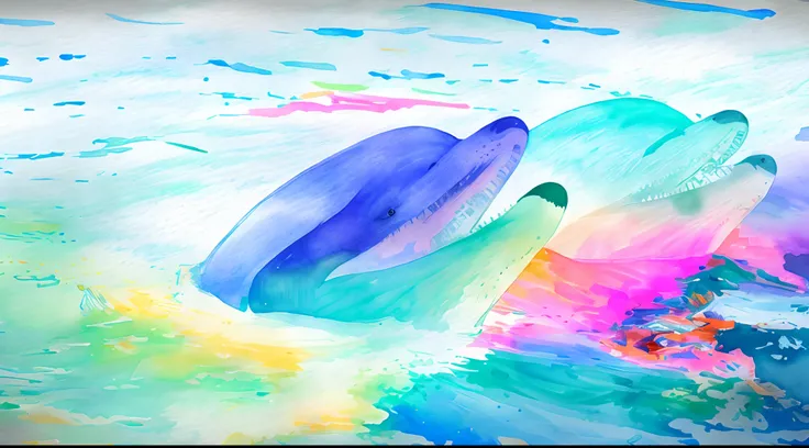 Drawing of dolphins swimming in colorful sea, Look up at the composition, Live water and whales from the sky, inspired by Cyril Rolando, dreamy psychedelic anime, colorful anime movie background, a beautiful artwork illustration, Authors：Sitao, colorful co...