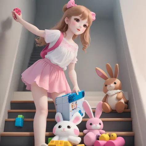 Super cute girl IP, Bright eyes, cherub,Pink skirt，holding doll，adolable，a blind box toy,Tetris，gaming console，Bunny climbs the stairs，aquarelle，Lift things，Glossy and delicate,Clean background, Good gloss, 3D rendering of,Best quality