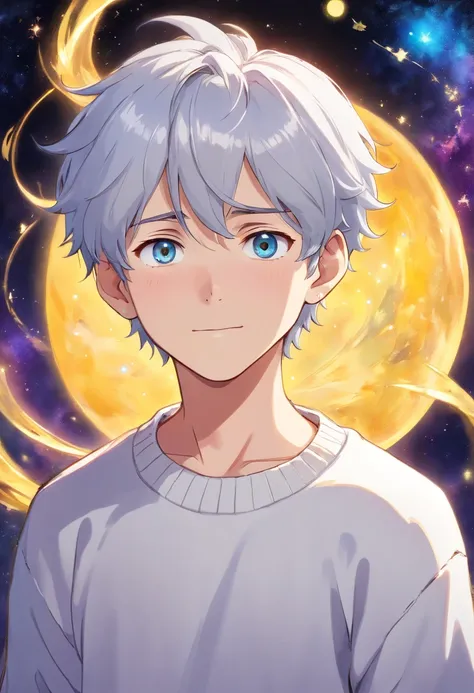 a teenage boy with a faint smile on his face, silver hair with galaxy colored eyes, wearing a white sweater and a gold earring in his left ear.