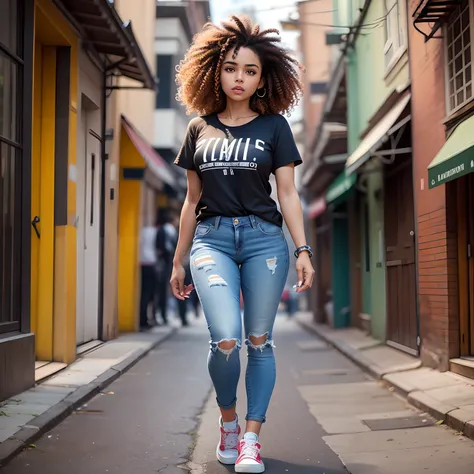 Brazilian woman,brown woman,woman curly hair,shoulder hair,full body, jeans, white sneakers,t~shirts and married,suit, 2d expressive style