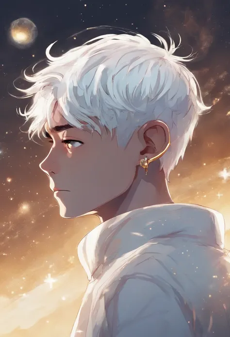 a teenage boy with a faint smile on his face, silver hair with galaxy colored eyes, wearing a white sweater and a gold earring in his left ear.