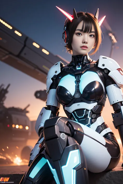 Beautiful 18-year-old woman, futuristic technology background, future war vehicle in the background, shoulder-mounted mechs with cannon-shaped headlights, metallic bikini top, holding a mechanical energy sword, blue electric glow in her eyes, electric arcs...