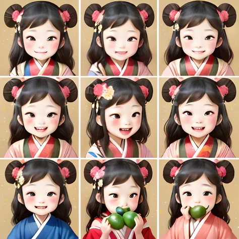 A little girl in a light pink hanfu。She had a chubby face and eyes that crooked like stars when she smiled.Eating sugar gourds.Animated character design，Traditional chinese painting，adolable，modest，Charm，CLASSICSTYLE，Emoticon pack，16 expressions，having fun...