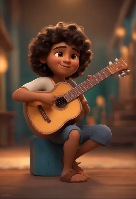 crie um banner no estilo Pixar. A boy with Indian features, moreno pardo com cabelos curtos, Castanhos escuros, Curly and slightly grayish appearance, mas jovem, usando uma camiseta, Wearing jeans and holding a classical guitar with 7 strings.