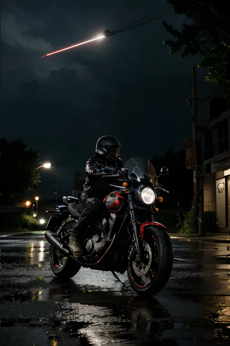 motorcycle, starwar, laser gun, night, rain, lighting, realistic photo, smoke