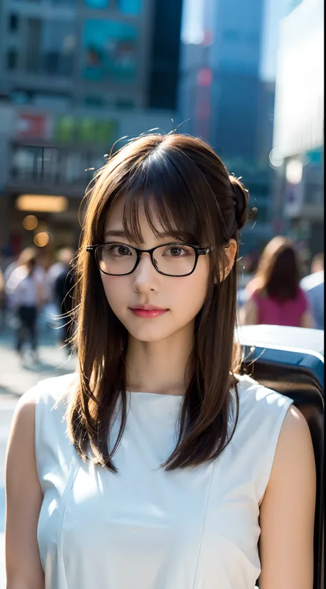 (8K、Raw photography、top-quality、​masterpiece:1.2)、(realisitic、Photorealsitic:1.37)、ultra-detailliert、超A high resolution、女の子1人、see the beholder、beautifull detailed face、A smile、Constriction、(Slim waist) :1.3)、((White blouse clothes))、Beautiful detailed skin...