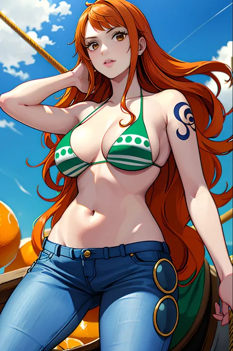 (((masterpiece+best quality+high resolution+ultra-detailed))), 1girl with clima-tact, Nami, long silky orange hair, high nose, sharp eyes, noble and inviolable temperament, (([female]: 1.2 + [beauty]: 1.2 + orange long hair: 1.2)), pirate ship background, ...