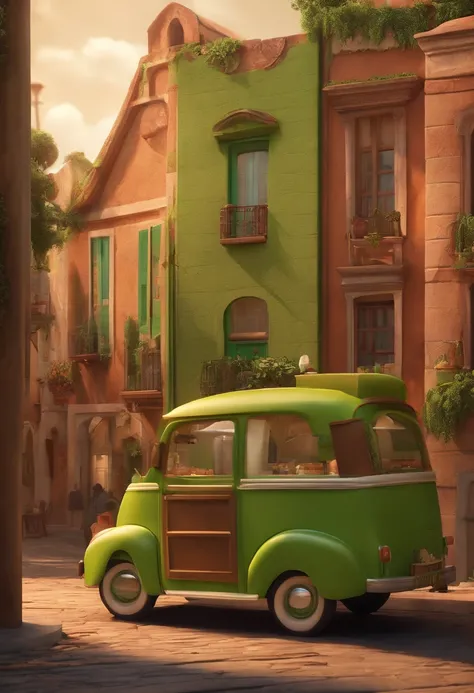 Desenho em estilo 3D da Pixar de uma sorveteria com o nome LasPaletas Brasil,  com cores verde, marrom e creme no centro da cidade.