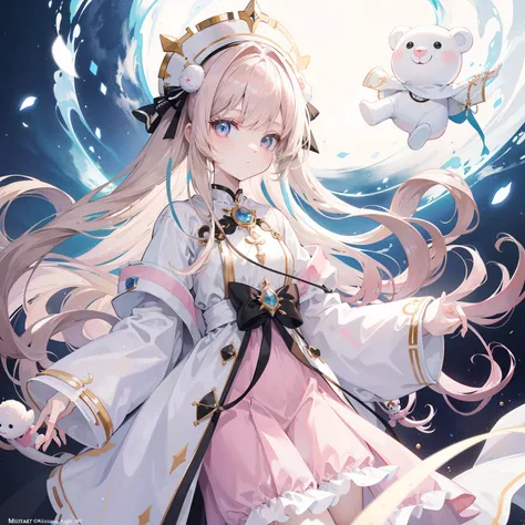 Title of the Doura continent with multiple pale pink soul rings，Im Sister Lori，Light rice and cream white color scheme，light-brown long hair，baggy clothes，Known as the Muppet Bear Puppeteer，Im a cute and cute girl，