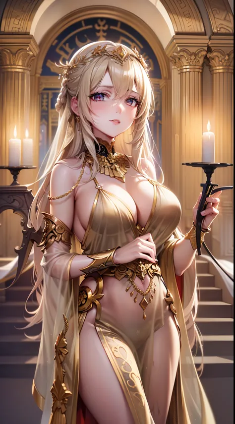 (Highly detailed CG Unity 8k wallpaper, masterpiece, top quality), (sexy woman, natural and seductive posture, long straight blonde hair, cleavage, sheer robes, ancient Greek costume, goddess), (temple altar), one woman, detailed depiction, standing figure...