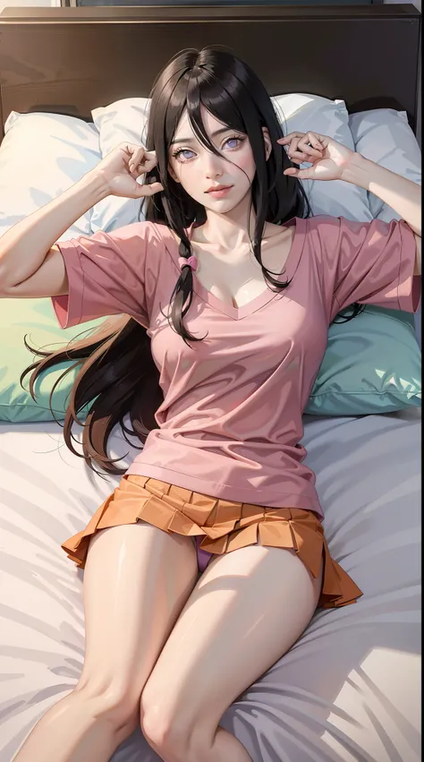 hyuuga hanabi, long hair tied low, hair band, hana, purple eyes, beautiful, beautiful woman, perfect body, perfect breasts, wearing a big pink t-shirt, red panties, in bed, bedroom, bed, sitting on the bed sleeping, looking at the viewer, slightly smiling,...