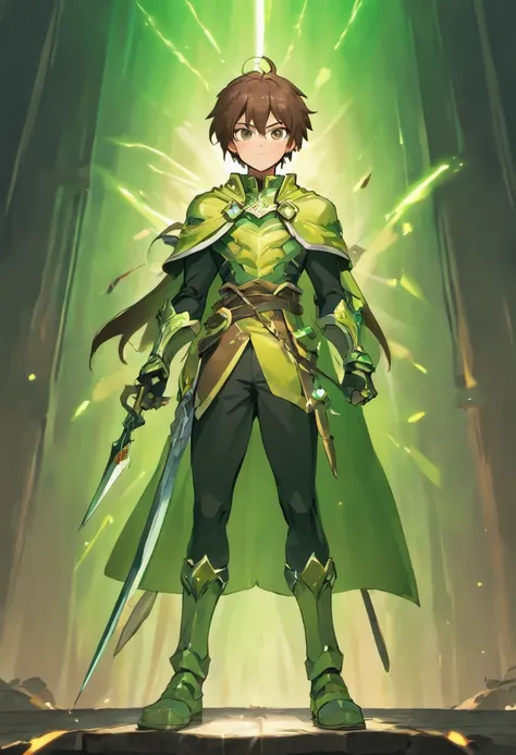 1guy,brown hair, 5’11’’tall,bulky,lightmuscle,nottoskinny,dagger sheath, dagger in hand aimed forward, light leather and iron armor, eyes color green, small horn forming on head, boots silver white cape,