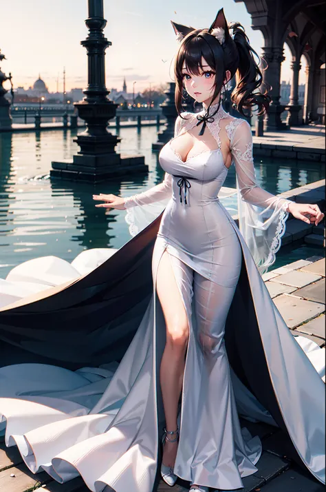 best quality, ultra detailed, full body, depth of field, white wavy fluttering victorian dress, teardrop breasts, long wavy ponytail, late evening, park riverside, animal ears, perfect anatomy,