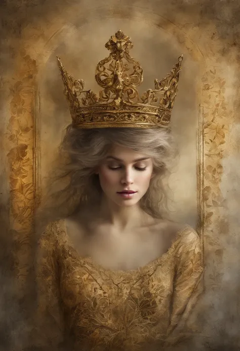 (gold crown), (best quality, highres, masterpiece:1.2), ultra-detailed, realistic:1.37, portraits, ashes, fine details, shimmering gold, ethereal lighting, surreal, intricate patterns, regal, majestic, post-apocalyptic setting, faded glamour, haunting, som...