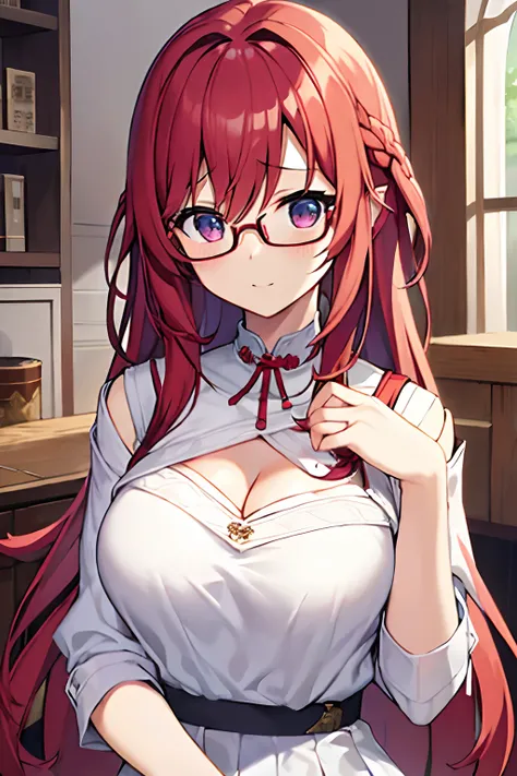 ​masterpiece、top-quality、1 girl in、length hair、large full breasts、shortsleeves、cleavage of the breast、Ceramic Dresses、shoulder-length red hair、eye glasses、anime styled、High School Uniforms