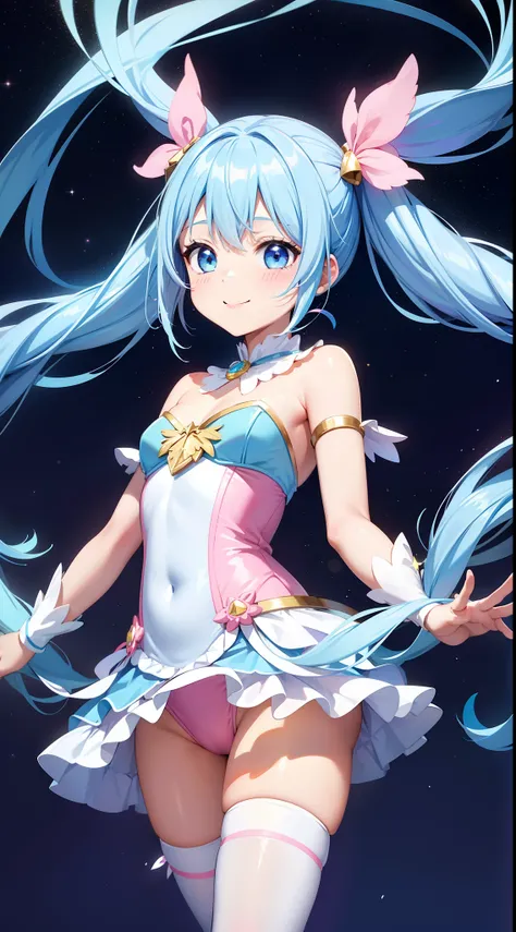 Super Idol　Little girl　adorable smiling　sky blue hair　length hair　It is a twin tail camera view　Glittering pink and white、Blue and yellow floppy leotard outfit　Mystical　Fantasia　constellation　a moon　Crystal Brilliance　Aurora Borealis in the Night Sky