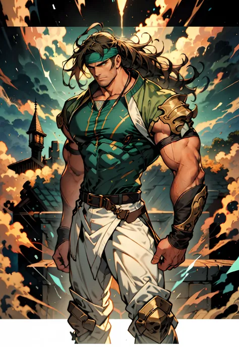 A middle-aged man, dark green long hair, wildly disheveled and exaggerated hairstyle, a headband, no eyebrows, a stern gaze, a well-defined facial structure, a tall and muscular physique, a fantasy-realistic style outfit, only a half-length windbreaker coa...