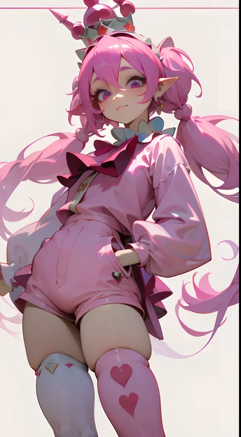 1GIRL, insane girl in long pink hair, crown, princess bubblegum style, finely detailed, (best quality), (intricate details), cute style, loli, jester style, multicolored, ((long pink messiest hair in pigtails)), best quality, ((long sleeve shirt and shorts...