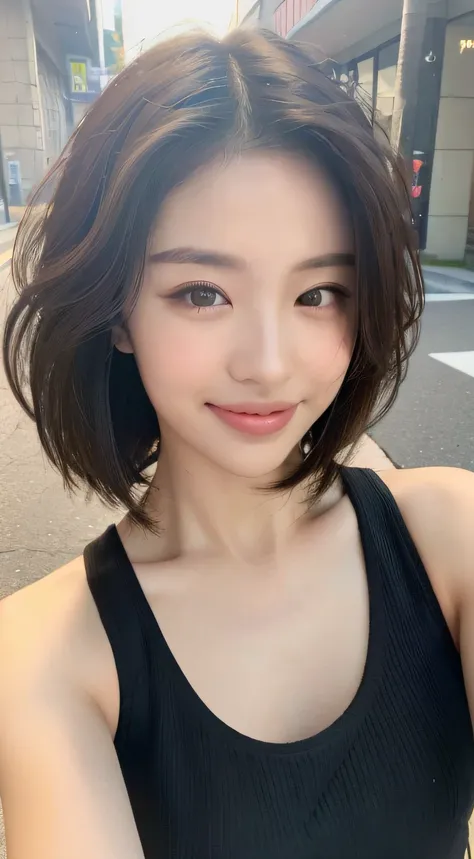 ((Best quality, 8k, Masterpiece :1.3)), Sharp focus:1.2, Perfect Body Beauty:1.4, Slim Abs:1.2, ((Layered hairstyle, Smile with lips closed:1.2)), (Tank top shirt:1.1), (Street:1.2), Highly detailed face and skin texture, Fine eyes, Double eyelids